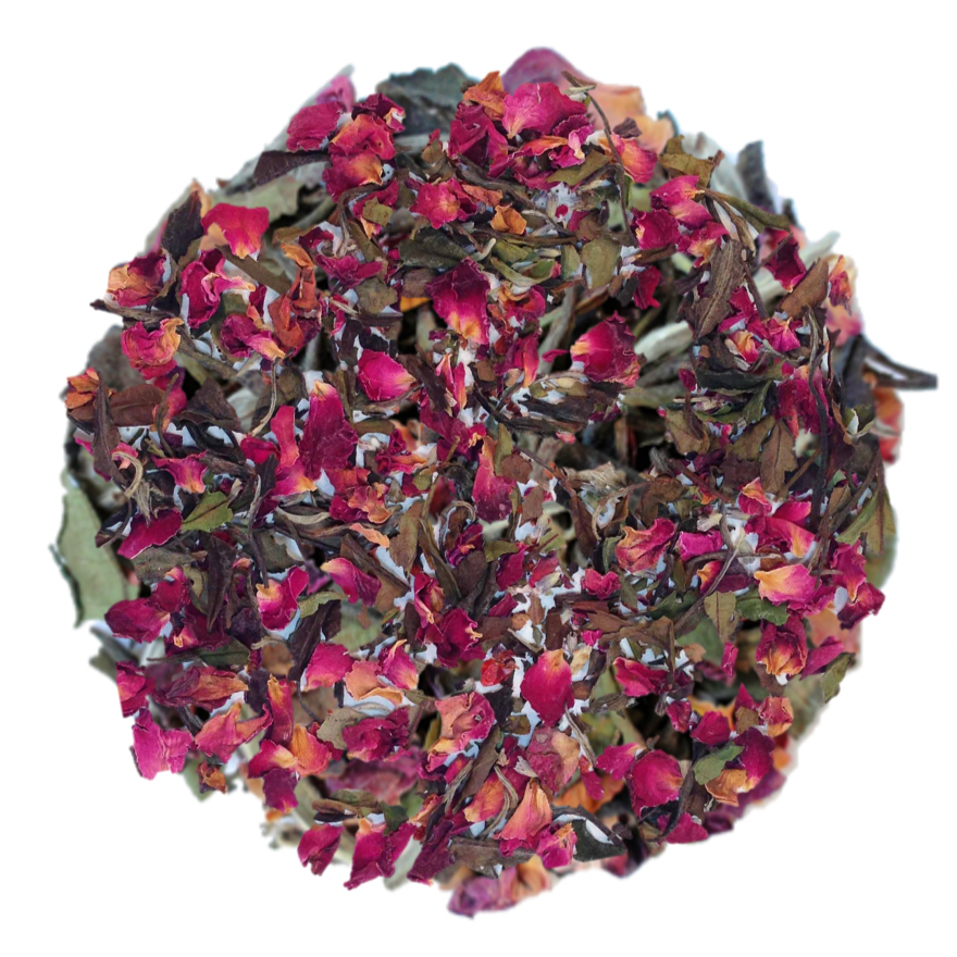 delicate white tea leaves with bright rose petals