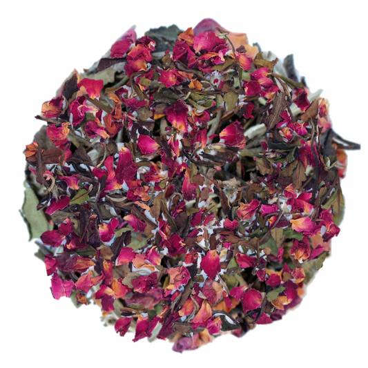delicate white tea leaves with bright rose petals
